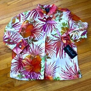 Women's Sheer Tropical Print Button-Up Shirt White with Multi Reds Green Floral